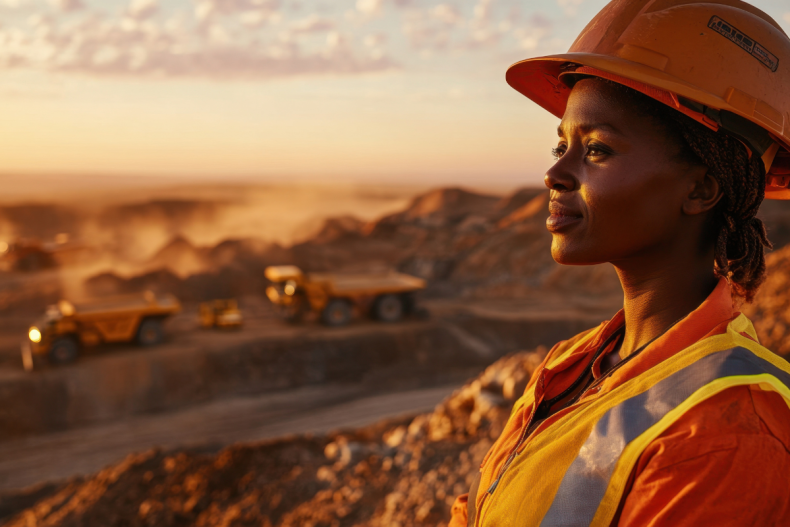 An african woman miner standing in front of an open pit min with haul trucks in the background