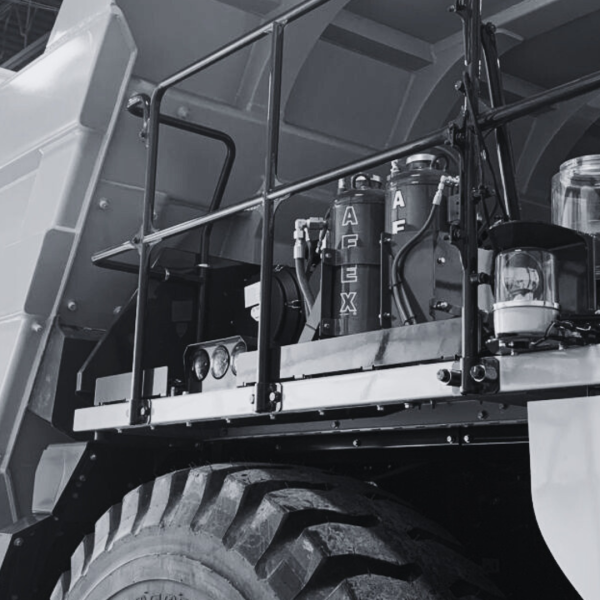 B&B Hydraulics Finds Success Adding AFEX A black and white photo of an AFEX fire suppression system installed on a haul truck
