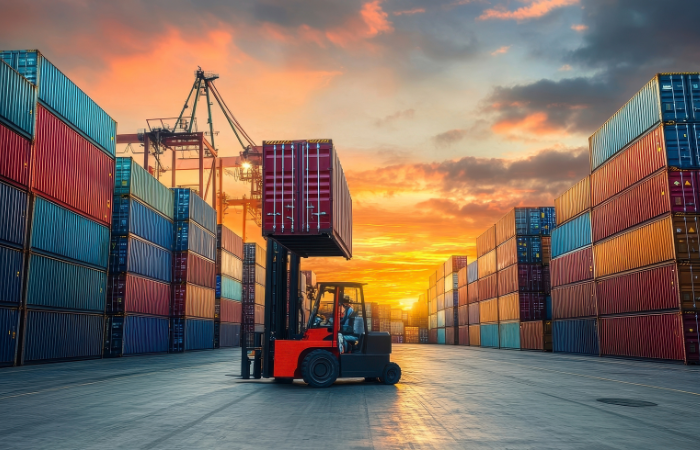 A small forklift working in a port yard carrying shipping containers during sunset.