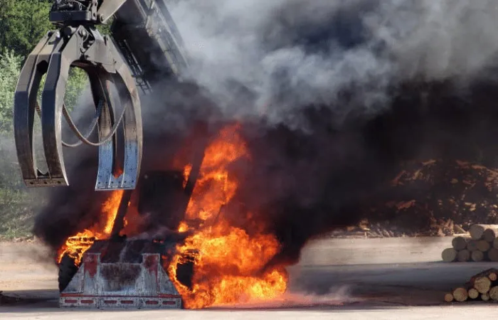 Heavy duty foresty equipment fire on forestry machine