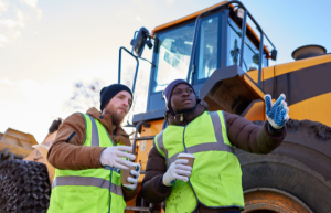 Two men discuss fire suppression system inspection on a piece of heavy-duty machinery